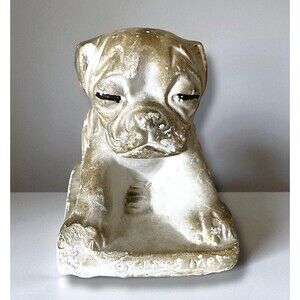 VTG 1940s Chalkware Carnival Prize Pug Bulldog Figurine “ Nobody Loves Me ” RARE